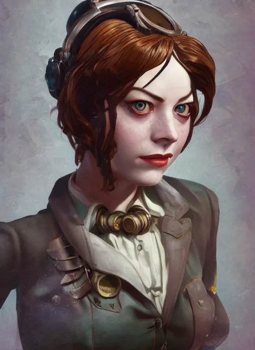 Image similar to Bioshock steampunk Emma Stone, au naturel, hyper detailed, digital art, trending in artstation, cinematic lighting, studio quality, smooth render, unreal engine 5 rendered, octane rendered, art style by klimt and nixeu and ian sprigger and wlop and krenz cushart