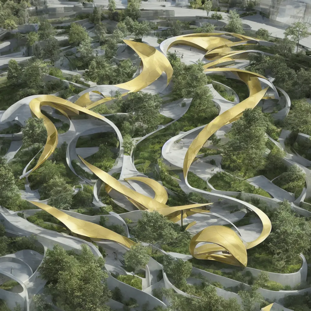 Prompt: “ an incredibly smooth curvilinear architectural sculpture, unfolding continuous golden surfaces enclose a visually interesting garden designed by zaha hadid, architecture render, axonometric ”