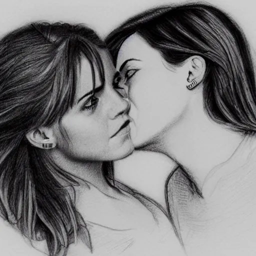 Prompt: emma watson kissing anne hathaway pencil sketch,