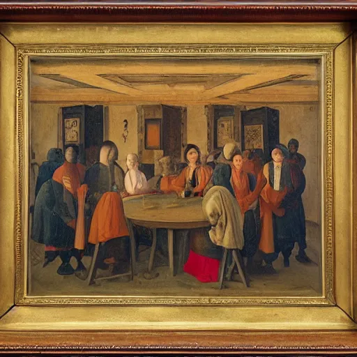 Image similar to A beautiful painting of a group of people standing around a circular table. In the center of the table is a large, open book. The people in the painting are looking at the book with interest and appear to be discussing its contents. oil and canvas, cyberpunk, avant garde by Jean Fouquet 8k