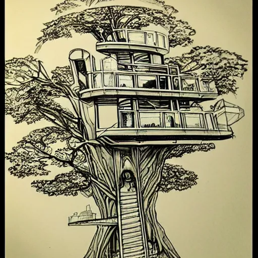 Image similar to futuristic tree house in a city detailed drawing