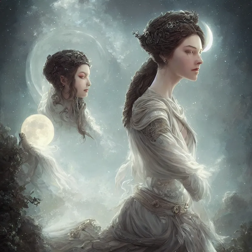 Prompt: a beautiful digital painting of a princess, princess, the moon behind her, intricate, cinematic lighting, highly detailed, digital painting, concept art, smooth, sharp focus, illustration, art by tom bagshaw, artgerm and greg rutkowski