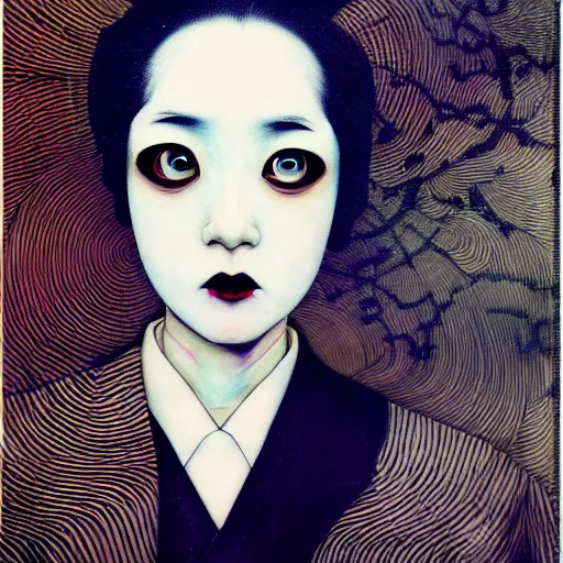 Image similar to yoshitaka amano blurred and dreamy realistic three quarter angle portrait of a young woman with black lipstick and black eyes wearing dress suit with tie, junji ito abstract patterns in the background, satoshi kon anime, noisy film grain effect, highly detailed, renaissance oil painting, weird portrait angle, blurred lost edges