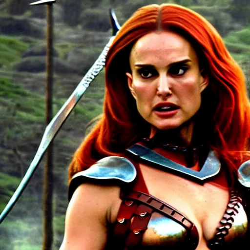 Prompt: natalie portman as red sonja, battle scene