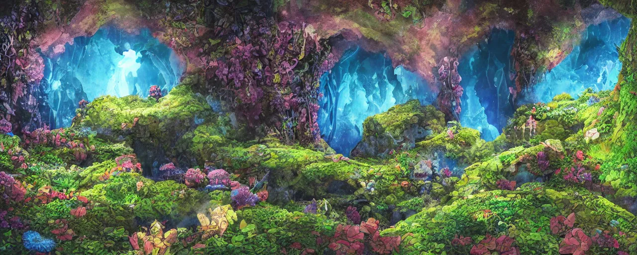 Prompt: large interior cavern of a cave, grand gallery, shimmering blue stream, walls covered with colourful flowers vines and mosses, some strange luminescent rocks poke through the foliage, depth of background, comic book,