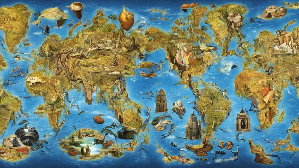 Image similar to surreal world map of languages in the styles of igor morski, jim warren, and rob gonsalves, intricate, robinson projection, accurate geography, volumetric lighting, serene, imaginative