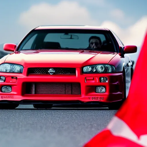 Image similar to nissan skyline r34 with Canadian flag reflection, photography, realistic