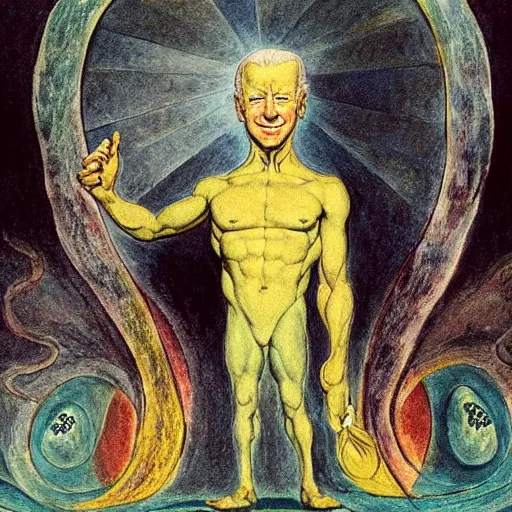 Image similar to joe biden as demiurge creating 1 9 5 0 s world, painting by william blake and jon mcnauhgton