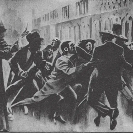 Image similar to a 1 9 3 0 s newspaper photo of a vampire attacking a group of people outside a church