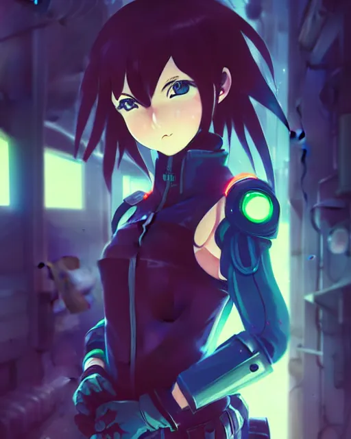 Image similar to portrait of anime girl in mechanic armor in night tokyo by makoto sinkai, my hero academia,cyberpunk, greg rutkowski, perfect face, fine details