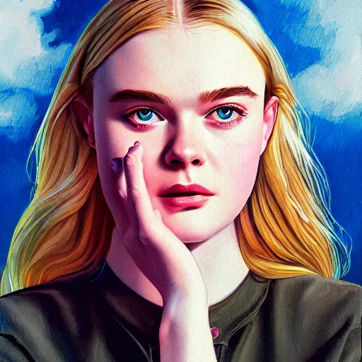 Image similar to professional painting of Elle Fanning in the style of Mark Waid and Alex Ross, head and shoulders portrait, symmetrical facial features, smooth, sharp focus, illustration, intricate, stormy weather, extremely detailed masterpiece,