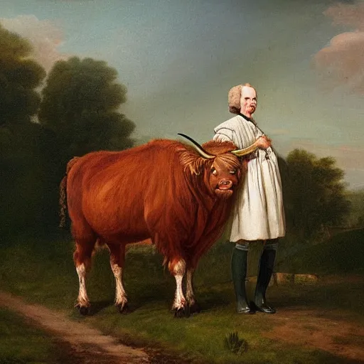 Image similar to oil painting by george stubbs of a highland cow and a man wearing 1 7 th century clothing, standing in a farm field.