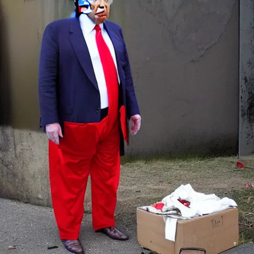 Image similar to donald trump dressed as a homeless man living in the slums