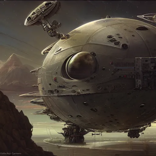 Image similar to close up view of a spaceship in spacedock around planet saturn. huge ladybug robots crawl on the ship fixing it. detailed, cgsociety, highly detailed, dramatic lighting, very coherent, tomasz alen kopera, trending on art station.