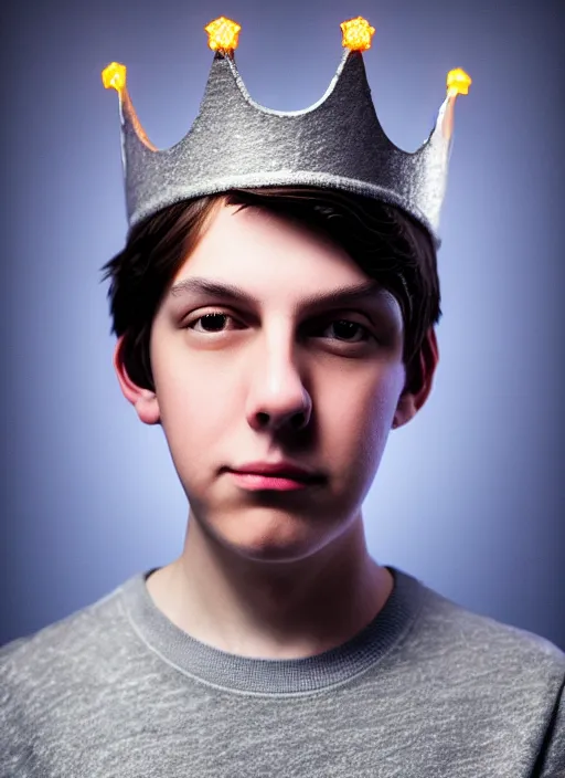 Image similar to portrait of teenage jughead jones wearing a light grey crown, photorealistic, crown, eyes closed, crown, black hair, sweater with letter s on it, letter s, intricate, elegant, glowing lights, highly detailed, digital painting, artstation, concept art, smooth, sharp focus, illustration, art by wlop, mars ravelo and greg rutkowski