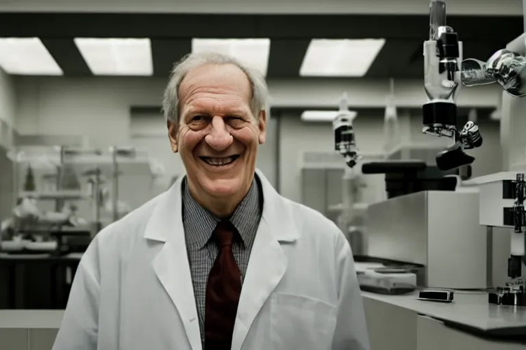 Image similar to an ultra realistic cinematic 3 / 4 view portrait of an evil male scientist smiling, stood in a lab, detailed, deep focus, movie still, dramatic lighting, by werner herzog