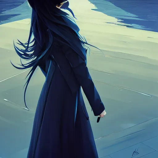 Image similar to low - angle shot from behind of a long blue - haired girl in a tailcoat overlooking noxus, noir, screenshot, sharp focus, intricate, illustration, cell shaded, digital painting, highly detailed, straight hair, art by ilya kuvshinov, wlop, greg rutkowski, studio quality, james jean