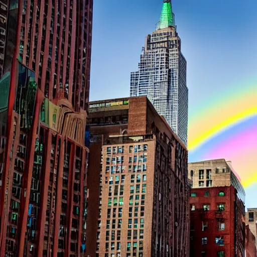 Prompt: rainbow with impossible color spectrum in the sky of new york city