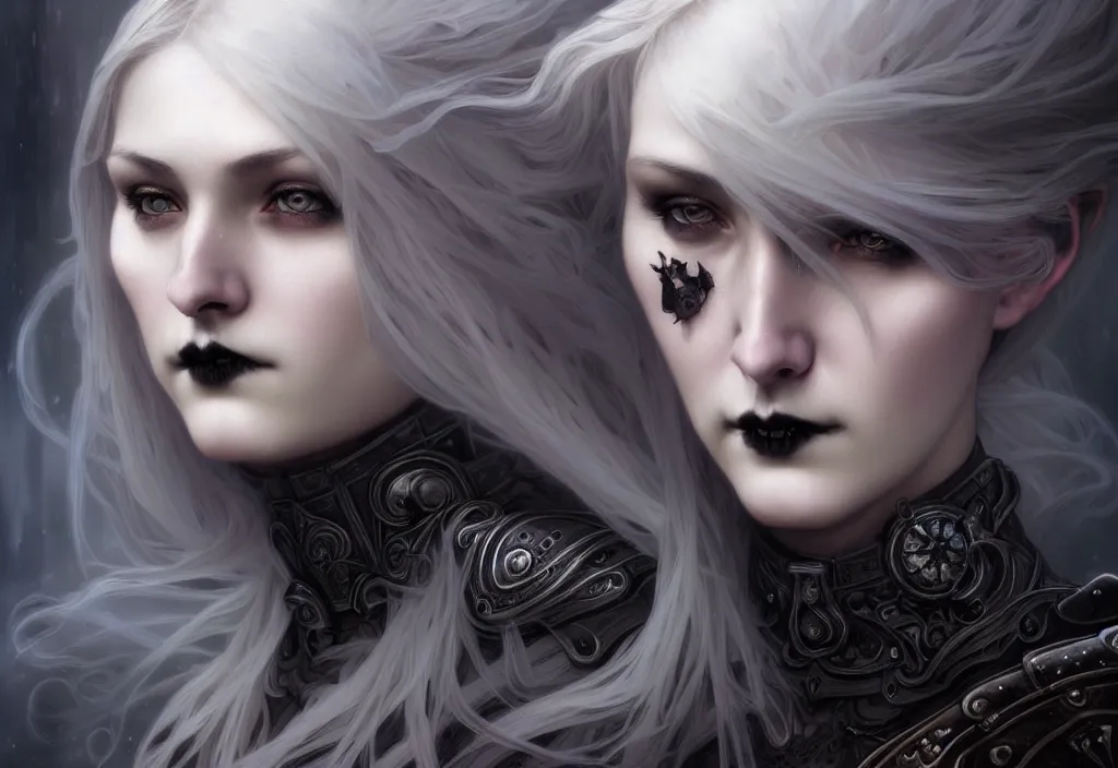 Image similar to beautiful and gothic and evil and dieselpunk young medieval light grey hair female knight portrait + smoky eyes + front face with light flowing hair, ultradetail face, art and illustration by tian zi and craig mullins and wlop and alphonse mucha, fantasy, intricate complexity, human structure, human anatomy, fantasy character concept, watermark, blurry, hyperrealism 8 k