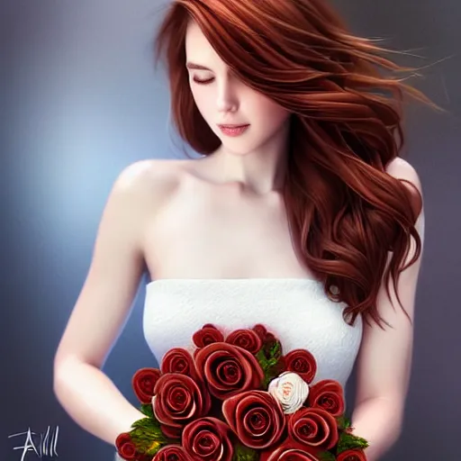 Image similar to portrait of a gorgeous woman holding a bouquet of roses, auburn hair, intricate, white dress, elegant, highly detailed, 8 k, art by artgerm, mark hill
