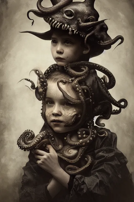 Prompt: wet plate photograph portrait of child with an octopus head, dressed in a victorian - era clothing, dramatic lighting, highly detailed, digital painting, artstation, concept art, smooth, sharp focus, illustration, art by wlop, mars ravelo and greg rutkowski