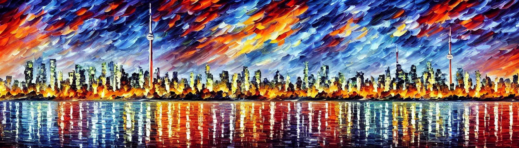 Prompt: landscape of Toronto skyline by Leonid Afremov, concept art, photo realistic, high resolution, contrast, colorful, no text