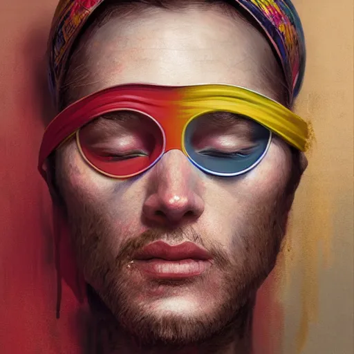 Image similar to portrait of a blindfolded man in multicolored robes, a large straw hat, detailed face, highly detailed, cinematic lighting, digital art painting by greg rutkowski