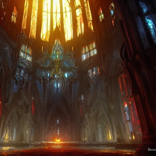 Prompt: a huge chaos dark eldritch cathedral filled with red ray traced light and corruption by WLOP and tony sart and bekinski, god rays, fantasy art, 4k, HDR, photorealistic, 8k, trending on artstation