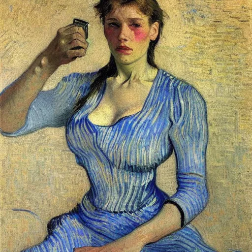 Prompt: A body art. A rip in spacetime. Did this device in her hand open a portal to another dimension or reality?! by Jules Bastien-Lepage, by Vincent Van Gogh curvaceous