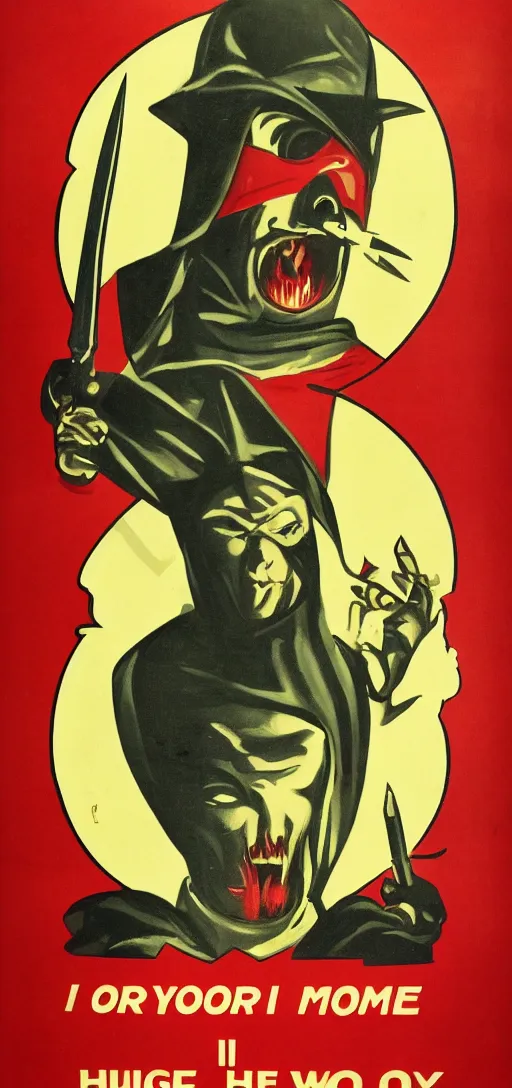 Image similar to man in hood and red eyes with a knife, 1940s propaganda poster, full hd,highly detailed