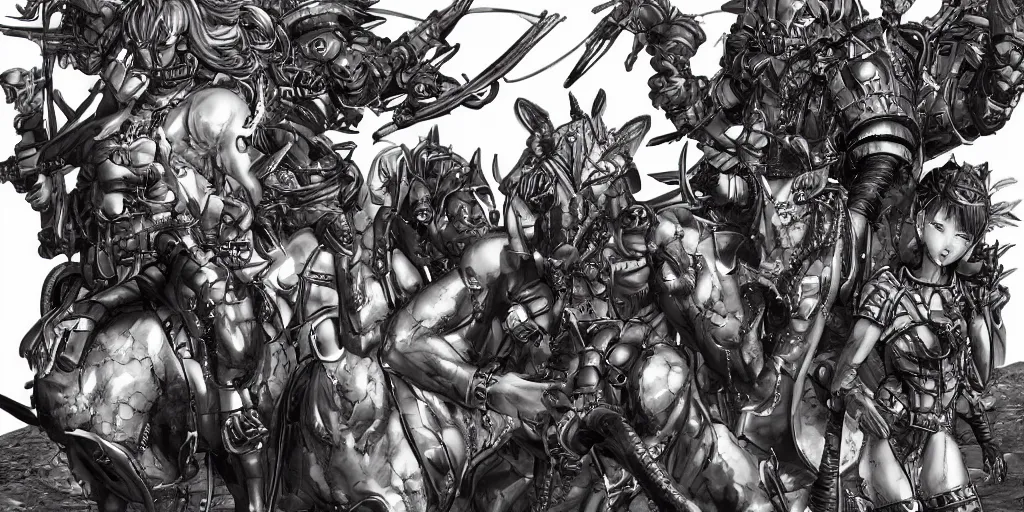 Image similar to Four horsemen of the apocalypse by masamune shirow, vivid, very detailed, matte, cinematic, CGSociety