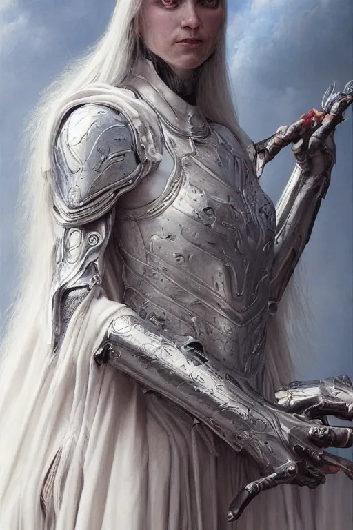 Prompt: the white lady in armor with long hairs, art by James Jean and Wayne Barlowe, high detail, cinematic, cgsociety 8k