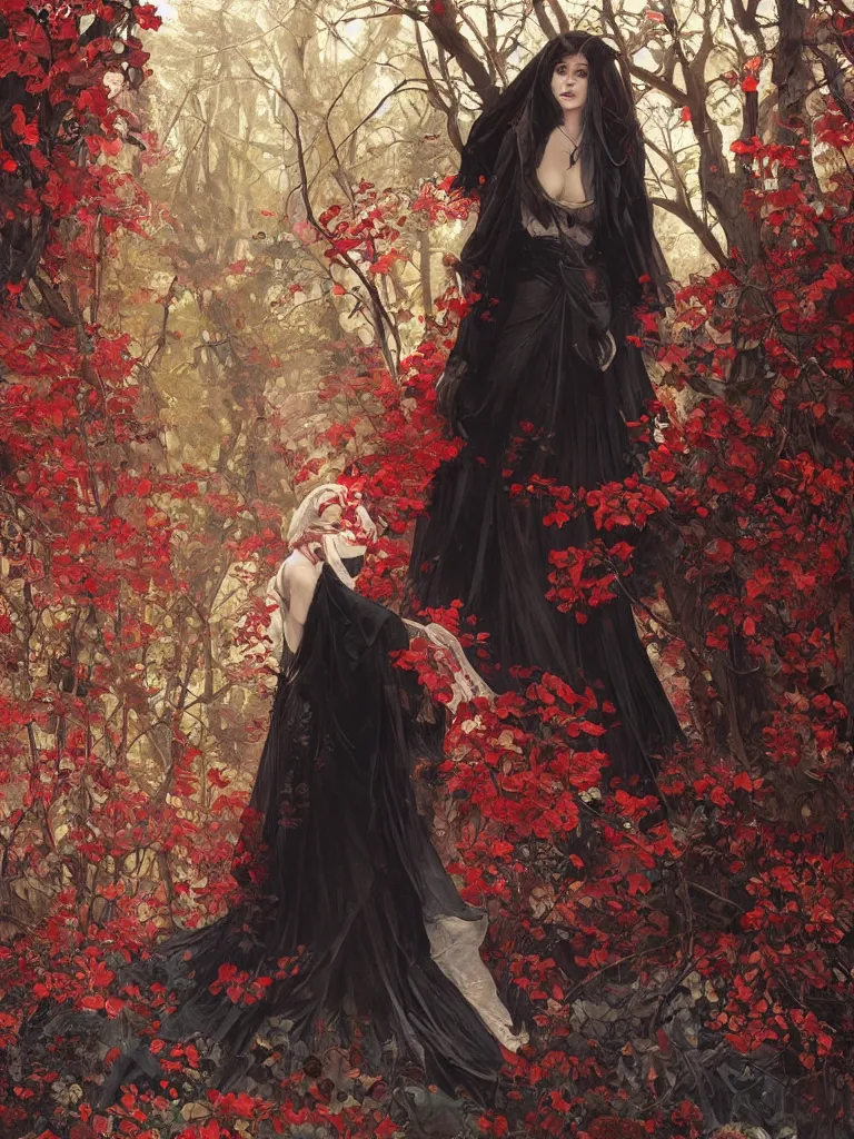 Image similar to detailed oil painting of sad bride in scary black under the god ray, red leaves on the ground, art by artgerm and greg rutkowski and alphonse mucha