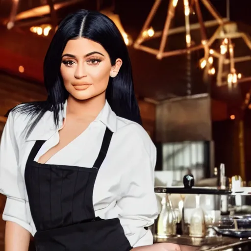 Prompt: kylie jenner working as a server in a poor restaurant, ultra detailed, dynamic light, photorealistic