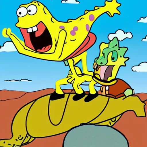 Image similar to spongebob riding a dinosaur, cartoon style