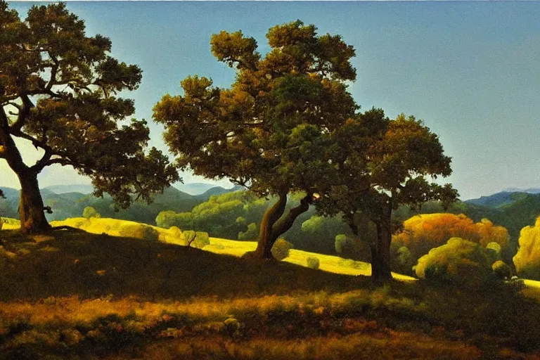 Image similar to masterpiece painting of oak trees on a hillside overlooking a creek, dramatic lighting, by edward okun