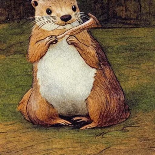 Image similar to an otter child holds a chestnut in its paws, Beatrix Potter,