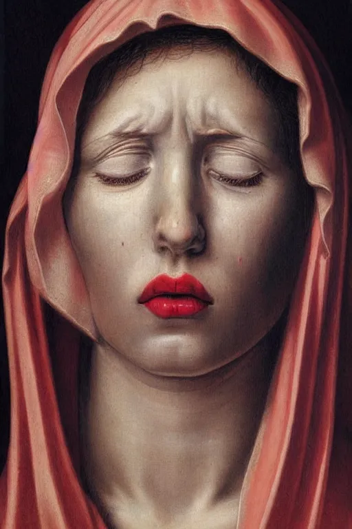 Prompt: hyperrealism portrait of crying virgin mary, red tears, in style of classicism, hyper detailed