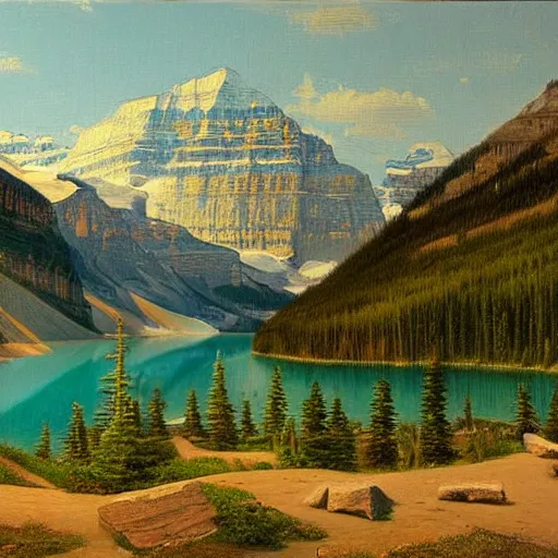 Image similar to Lake Louise in Banff National park, beautiful detailed landscape painting in the style of 19th century Hudson River school of Art