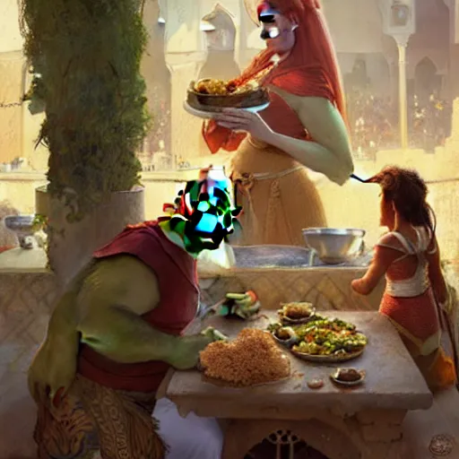 Prompt: shrek eats couscous with his family, moroccan festival, highly detailed, digital painting, artstation, concept art, sharp focus, illustration, art by greg rutkowski and alphonse mucha