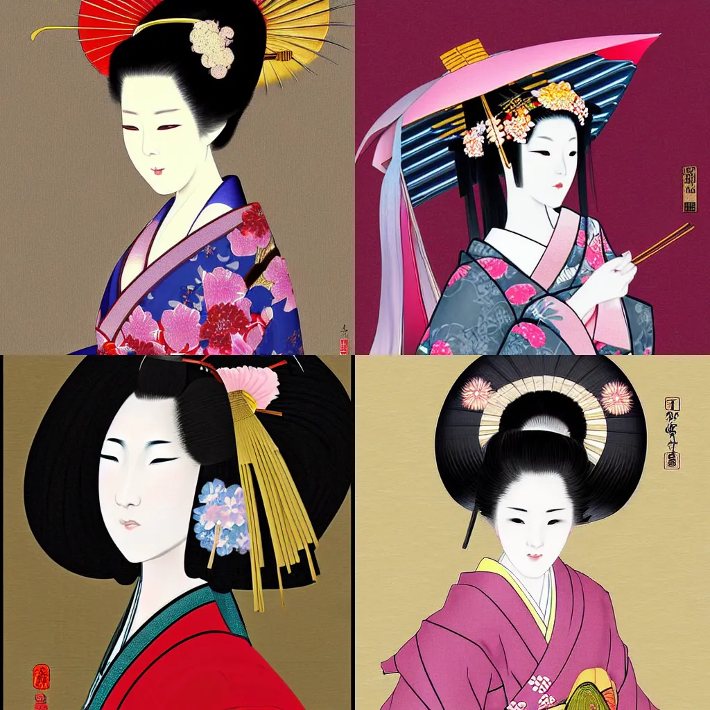 Prompt: digital painting of a beautiful geisha by masaaki sasamoto 笹 本 正 明