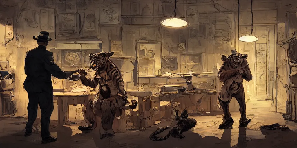 Image similar to a tiger butcher is being interrogated by a detective seal at the police station, new york, cartoonish, zenith view, warm color palette, night time, dramatic lighting, noir film, fine details, high contrast, blacksad, kim jung gi, greg rutkowski, trending on artstation, 8 k, ultra wide angle