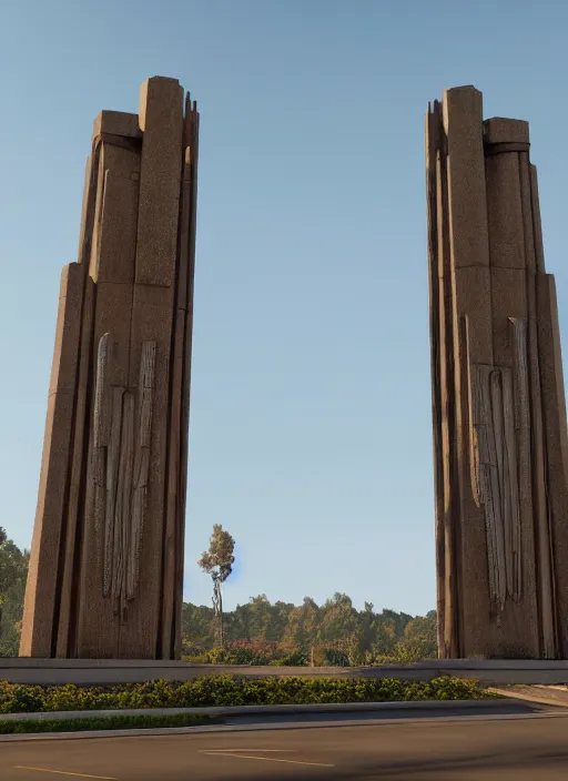 Prompt: highly detailed realistic architecture 3 d render of a metallic monumental stele in frank lloyd wright style standing on a highway, archdaily, made in unreal engine 4 octane render