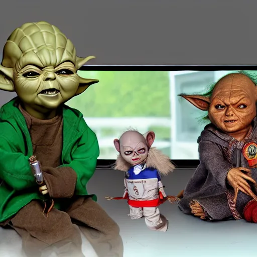 Image similar to Yoda sitting on the couch next to Chucky the killer doll playing video games in a messy room