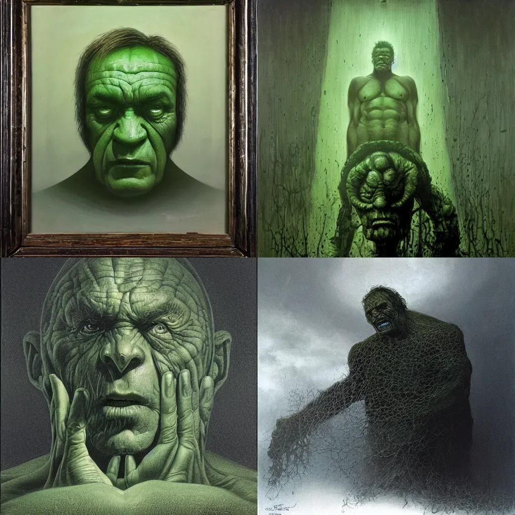 Prompt: incredible hulk, zdzislaw beksinski, ivan seal. the caretaker, leyland kirkby