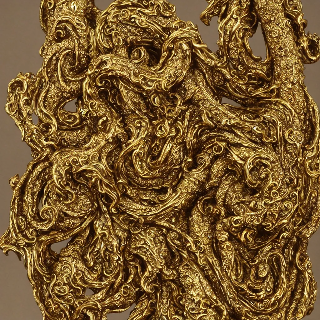 Image similar to statue of cthulhu, ornate, intricate, gold filigree, highlt detailed