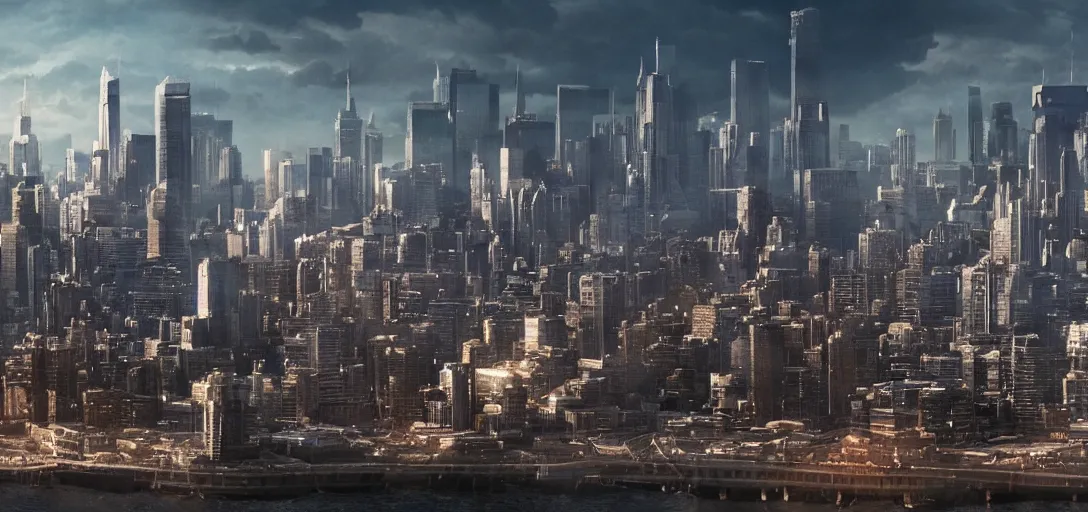 Image similar to very high resolution image from a new movie. a beautiful city landscape, alien invasion. 2 4 mm, photorealistic, photography, directed by atom egoyan