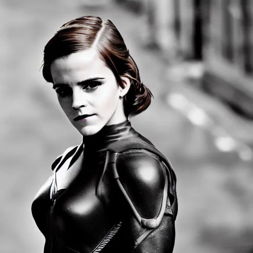 Image similar to Emma Watson as Catwoman, XF IQ4, f/1.4, ISO 200, 1/160s, Sense of Depth, AI enhanced, HDR, in-frame