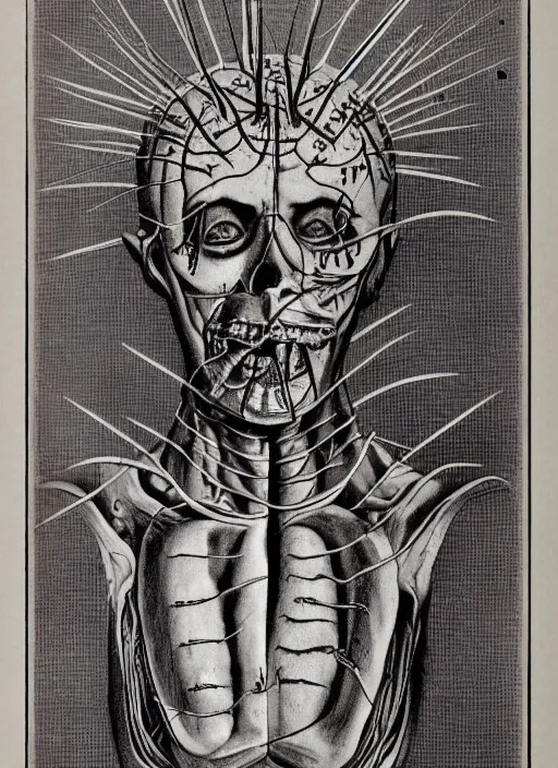 Image similar to vintage medical anatomical illustration of pinhead from hellraiser ( 1 9 8 6 ), highly detailed, labels, intricate writing