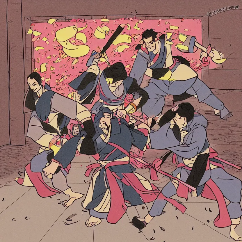 Image similar to cartoon of cyber samurai fighting in an old temple at night, rose petals being blown by the wind, studio lighting, drawn by genndy tartakovsky